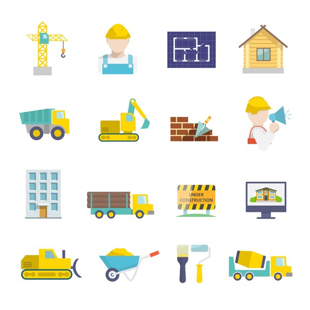 Construcción de instalaciones de vehículos y herramientas de construcción de iconos conjunto aislado ilustración vectorial