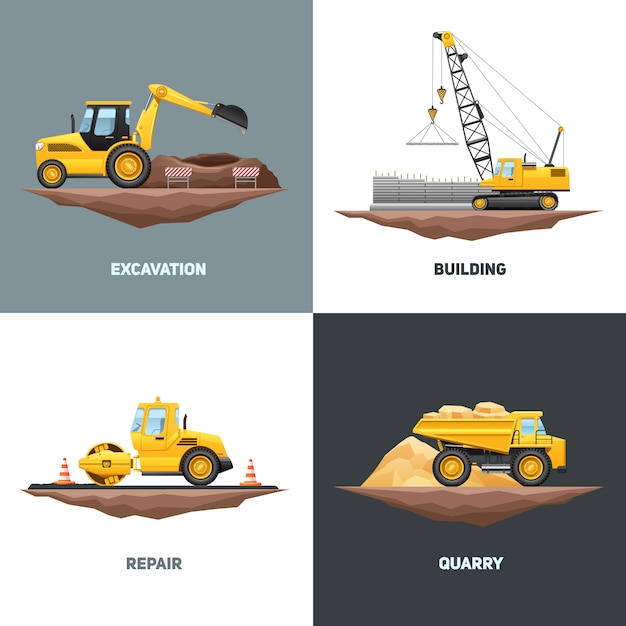 Construcción de maquinaria de construcción 4 iconos planos de diseño con grúa amarilla excavadora