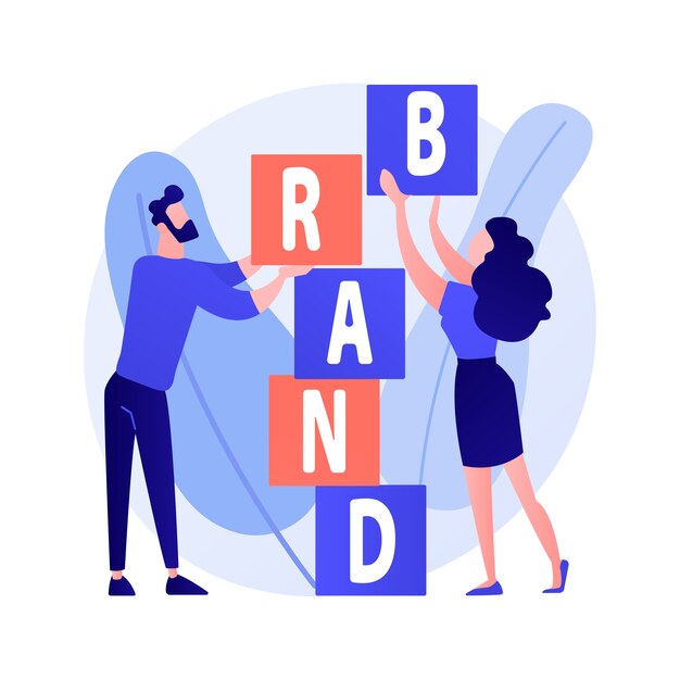 Construcción de marca de producto. Diseño de identidad corporativa. Estudio de diseñadores de personajes planos trabajo en equipo, cooperación y colaboración. Ilustración de concepto de nombre de empresa
