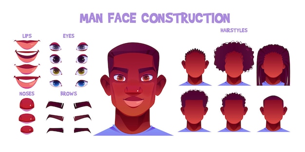 Construcción de rostro de hombre negro, creación de avatar con diferentes partes de la cabeza en blanco