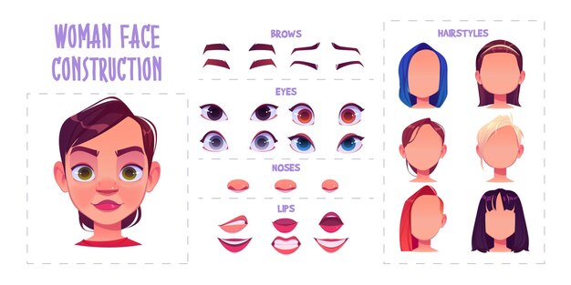 Construcción de rostro de mujer, creación de avatar con diferentes partes de la cabeza en blanco