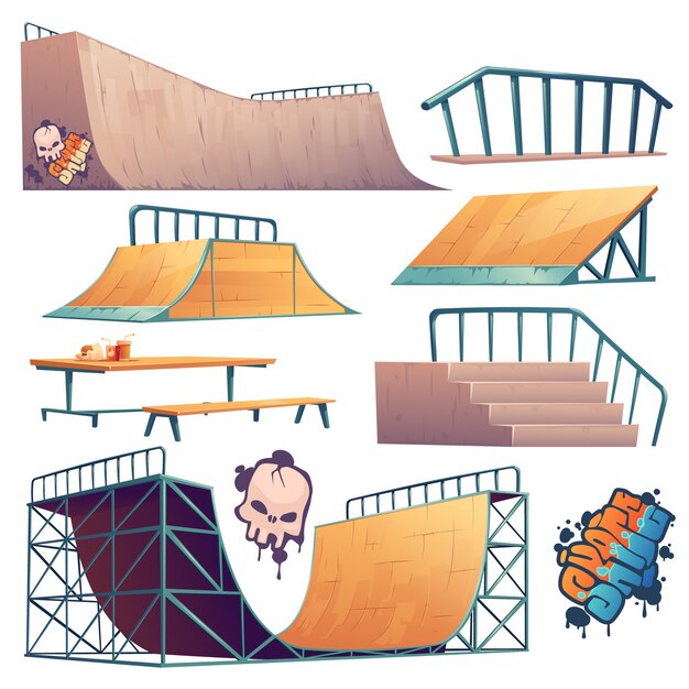 Construcciones de skate park o rollerdrome para acrobacias de salto en patineta