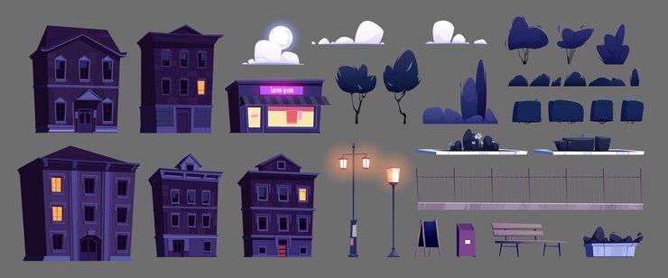 Vector gratuito constructor de ciudad nocturna establece ilustración de dibujos animados
