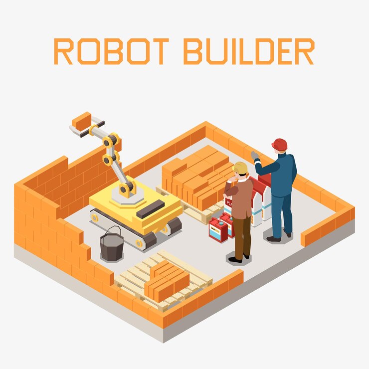 Vector gratuito constructor de robot que pone la pared de ladrillos utilizada en la construcción moderna ilustración de vector 3d de fondo isométrico