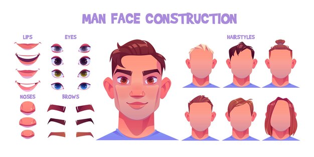 Constructor de rostro de hombre, avatar de cabezas de creación de personajes masculinos caucásicos, peinado, nariz, ojos con cejas y labios.