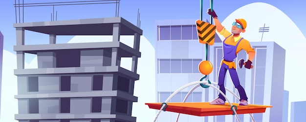 Constructor en el sitio de construcción, el carácter del trabajador con casco y monos está parado en la plataforma de elevación con la grúa en el techo del edificio en el fondo del paisaje urbano. Trabajo de contratista, ilustración vectorial de dibujos animados