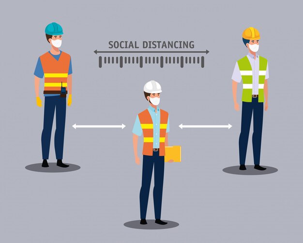 Constructores que usan máscaras faciales y distanciamiento social para covid19