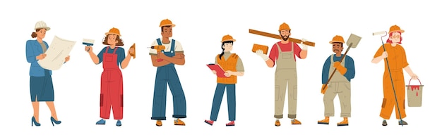 Constructores y trabajadores de la construcción en cascos.