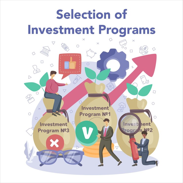 Vector gratuito consultor financiero selección del programa de inversión estrategia de inversión análisis fundamental deversificación aumento de la inversión inversión de dinero en el proyecto ilustración plana vectoriali