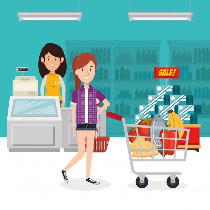 Vector gratuito consumidor con carrito de compras de comestibles