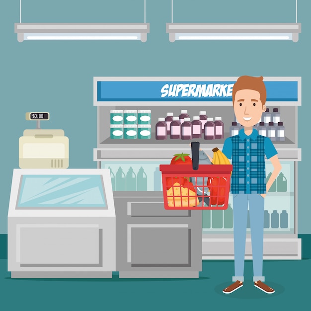 consumidor con cesta de compras de comestibles