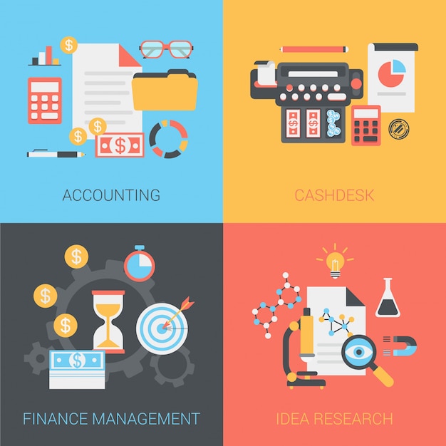 Contabilidad, caja, gestión financiera, conjunto de iconos de investigación idea.