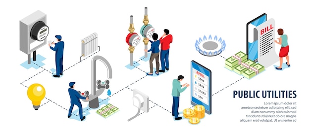 Contabilidad y control de infografías isométricas de servicios públicos que demuestran la medición del suministro y el uso de recursos ilustración vectorial