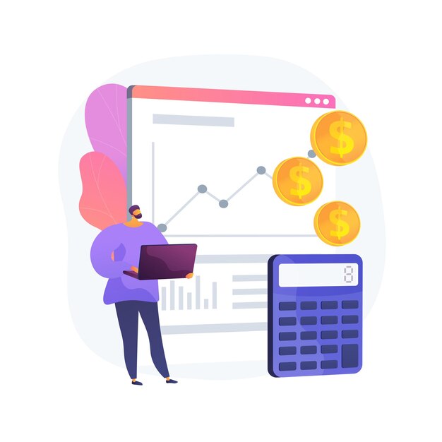 Contabilidad empresarial, crecimiento de beneficios, cálculo. Análisis de datos, analítica y estadísticas. Contador, tenedor de libros con personaje de dibujos animados portátil. Ilustración de metáfora de concepto aislado de vector.