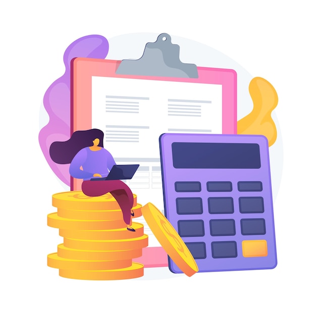 Contabilidad financiera. Personaje de dibujos animados contable femenino haciendo informe financiero. Resumen, análisis, informes. estado financiero, ingresos y saldo. Ilustración de metáfora de concepto aislado de vector
