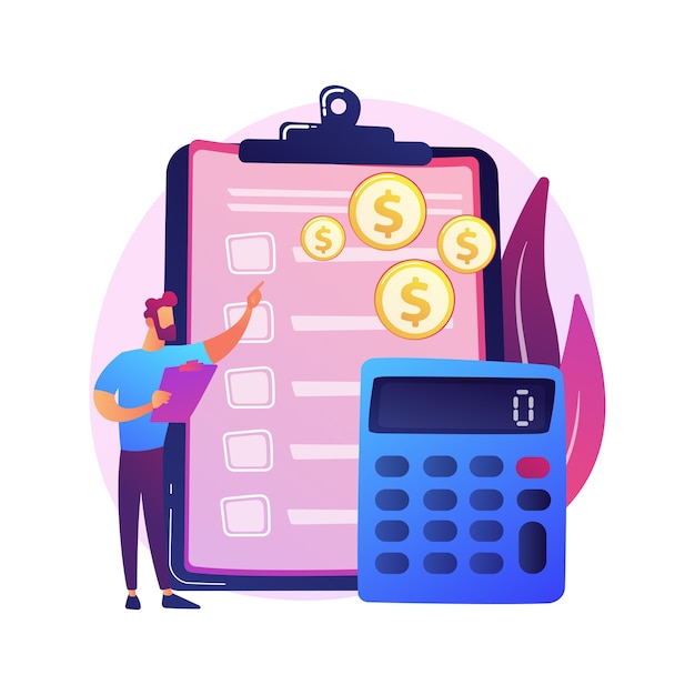 Contabilidad financiera. personaje de dibujos animados contable masculino haciendo informe financiero. Resumen, análisis, informes. estado financiero, ingresos y saldo
