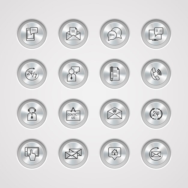 Contacto iconos de servicio conjunto de botones de metal de control de teléfono de correo electrónico de comunicación y la persona representativa ilustración vectorial