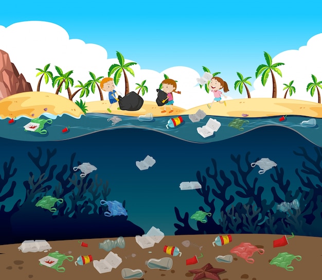 Vector gratuito contaminación del agua con bolsas de plástico en el océano
