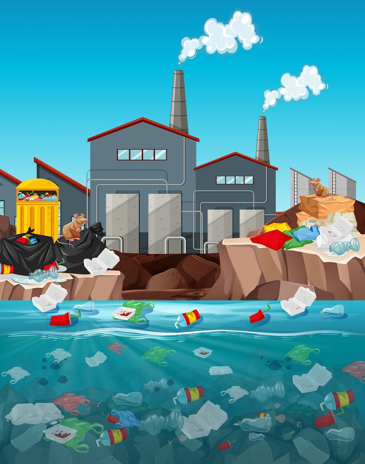 Vector gratuito contaminación del agua con bolsas de plástico en el río