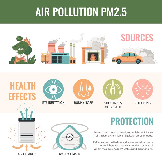 Contaminación del aire partículas pm2.5 infografías planas con iconos redondos para fuentes de efectos sobre la salud y protección con ilustración vectorial de texto