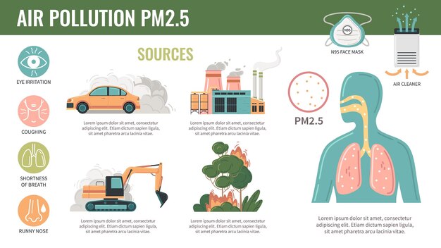 Contaminación del aire partículas pm2.5 infografías planas con leyendas de texto de iconos redondos e imagen de los efectos de los pulmones humanos ilustración vectorial