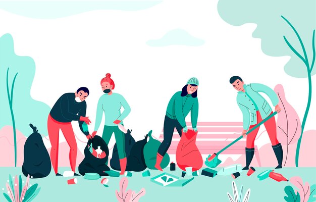Contaminación con grupo de personas recogiendo basura en un parque plano