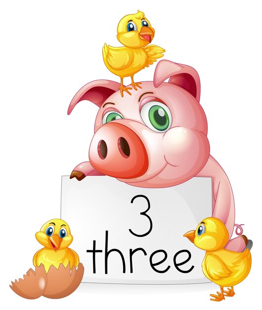Contando el número tres con cerdo y pollitos.