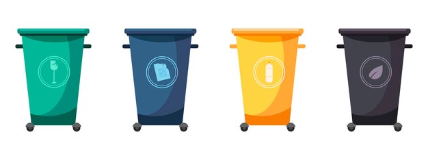 Contenedor de basura para papel de vidrio plástico soporte de separación de clasificación de residuos de alimentos aislado sobre fondo blanco