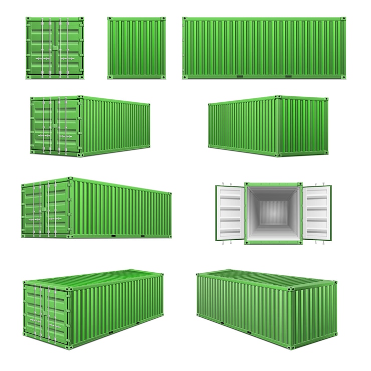 Vector gratuito contenedor de carga verde realista con vistas desde diferentes lados sobre fondo blanco ilustración vectorial aislada