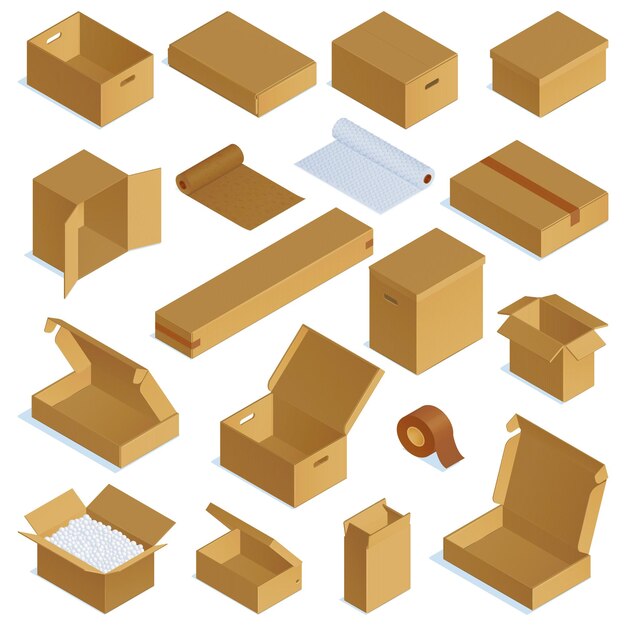 Contenedores de cajas de cartón isométricas con imágenes aisladas de paquetes abiertos y cerrados en la ilustración de vector de fondo en blanco