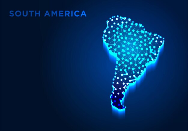 Continente de América del Sur en silueta azul Diseños polivinílicos bajos abstractos de estructura alámbrica de línea y punto Ilustración vectorial