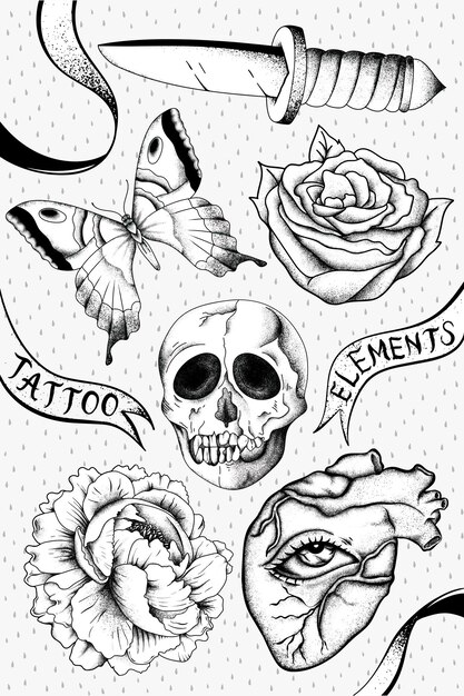 Contorno conjunto de vectores de diseño de tatuaje en blanco y negro