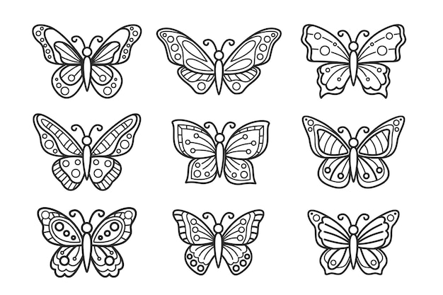 Vector gratuito contorno de mariposa con colección de detalles planos lineales