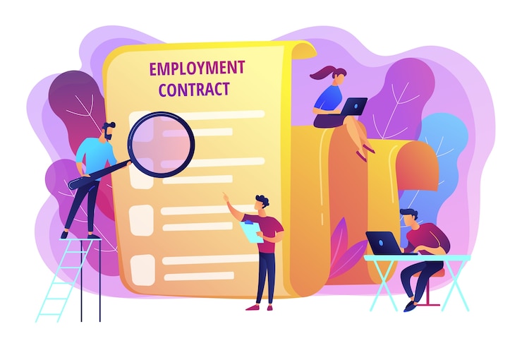 Vector gratuito contratación de empleados. documento comercial. gestión de recursos humanos. acuerdo de empleo, formulario de contrato de trabajo, concepto de relaciones con empleados y empleadores.