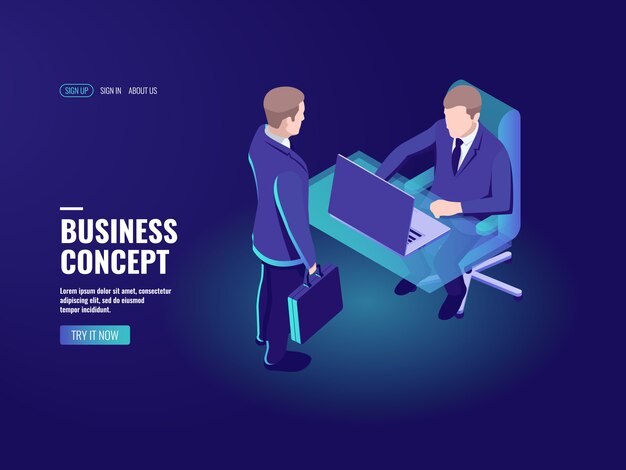 Contratación, vacante, entrevista de trabajo, consultor de negocios, empleado del banco