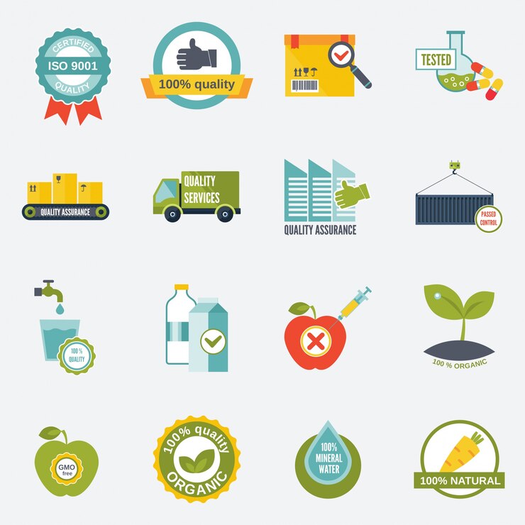 Vector gratuito control de calidad certificada prueba de calidad de servicios iconos conjunto plano ilustración vectorial aislados