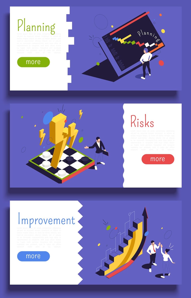 Vector gratuito control de calidad del producto tres banners web que ilustran información sobre la planificación de riesgos pasos de aprobación ilustración vectorial isométrica