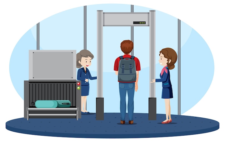 Vector gratuito control de seguridad del aeropuerto con un pasajero que camina a través del cuerpo sca