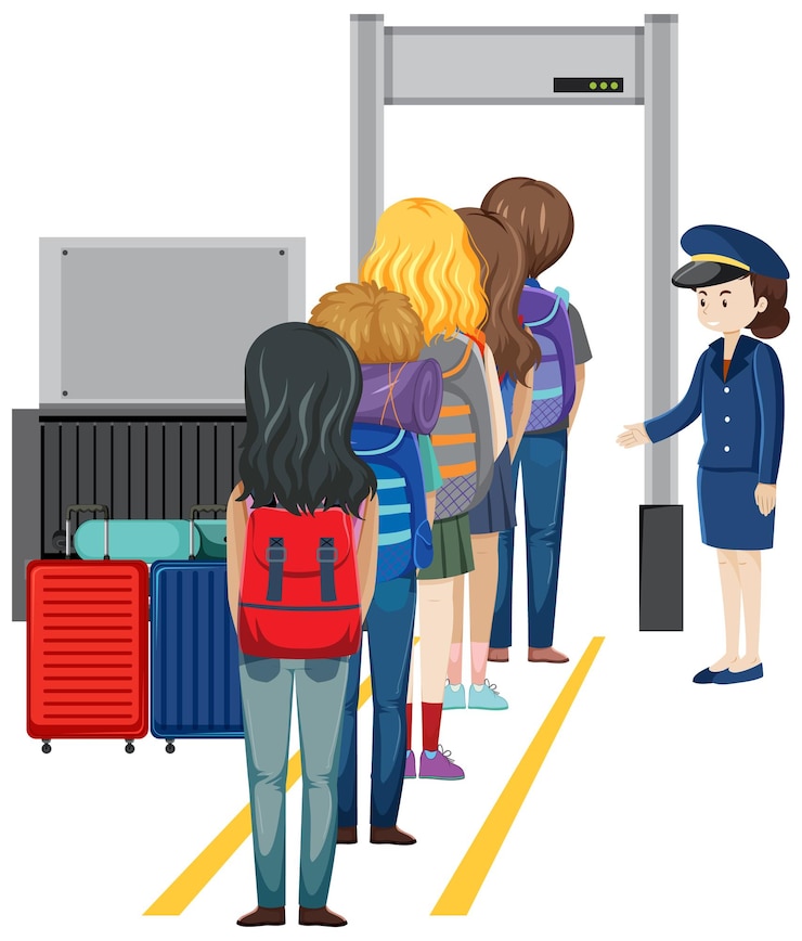 Vector gratuito control de seguridad del aeropuerto con pasajeros caminando a través de un escaneo corporal