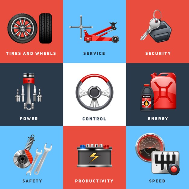 El control de seguridad del servicio de auto para autos y los iconos planos de equipos de vehículos de carga establece una ilustración vectorial abstracto aislado