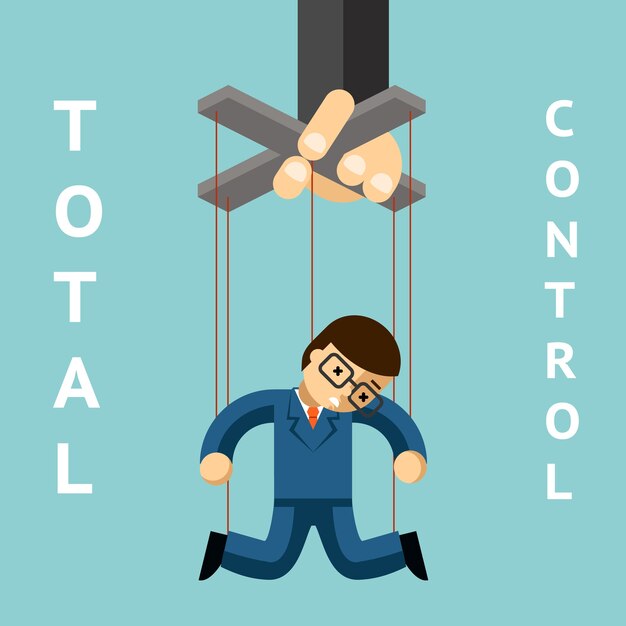 Control total. marioneta de empresario. cuerda y autoridad, marioneta y liderazgo, gente gerente, muñeco y trabajador