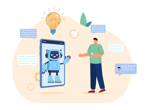 Conversación entre el bot de chat en la pantalla del teléfono y el cliente. Un hombre diminuto hablando con un lindo robot en la ilustración vectorial plana de mensajería en línea. Chatbot, AI, soporte virtual en concepto de redes sociales