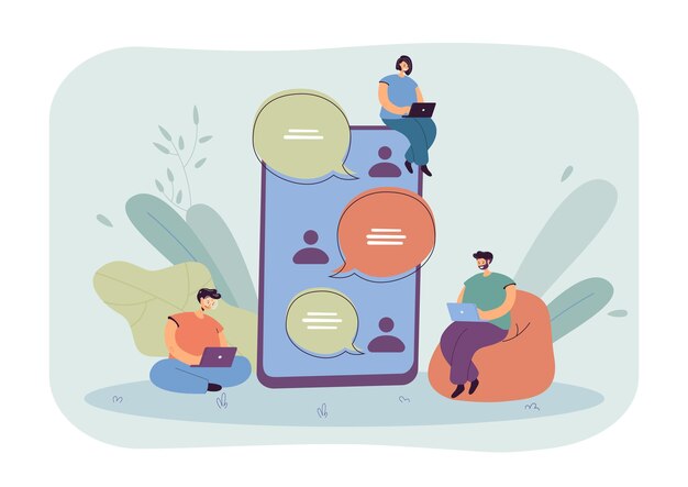 Conversación de chat en la pantalla del teléfono móvil de personas diminutas. Grupo de personas chateando en la ilustración de vector plano messenger. Redes sociales, concepto de comunidad para banner, diseño de sitio web o página web de inicio