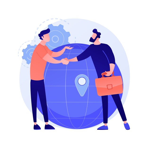 Cooperación comercial internacional. Empresaria y empresario estrecharme la mano. Colaboración global, acuerdo, ilustración del concepto de asociación internacional
