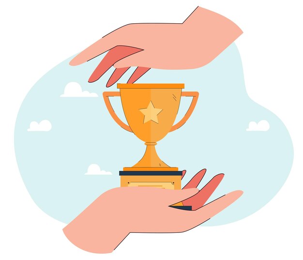 Copa de oro entre enormes manos humanas. Mano que sostiene el trofeo de oro o la ilustración vectorial plana del premio. Éxito, competencia, logro, concepto de victoria para banner, diseño de sitio web o página web de destino