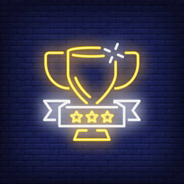 Copa de oro en el fondo de ladrillo. Ilustración de estilo neón. Victoria, trofeo, ganador