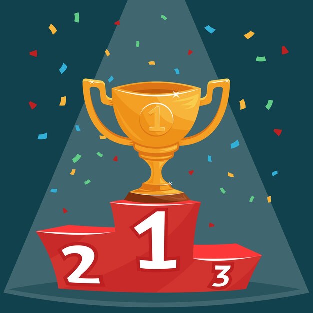Copa de premio trofeo de oro en la ilustración del podio