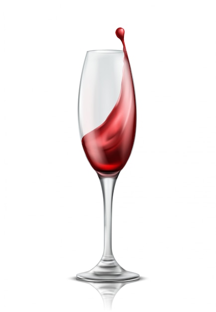 Vector gratuito una copa de vino con chorrito de vino tinto, ilustración realista 3d
