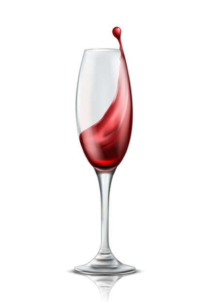 Una copa de vino con chorrito de vino tinto, ilustración realista 3D