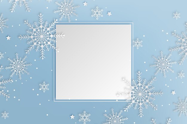 Copiar el fondo de invierno espacial en estilo de papel y copos de nieve